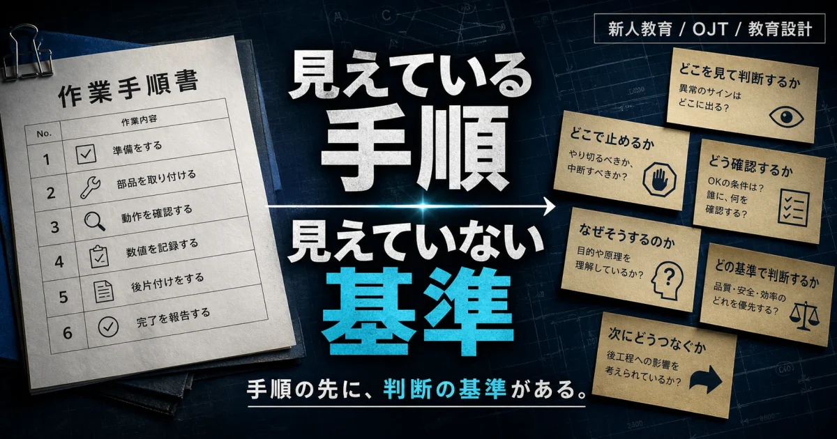 作業手順書と判断基準カードを対比した、新人教育記事のアイキャッチ