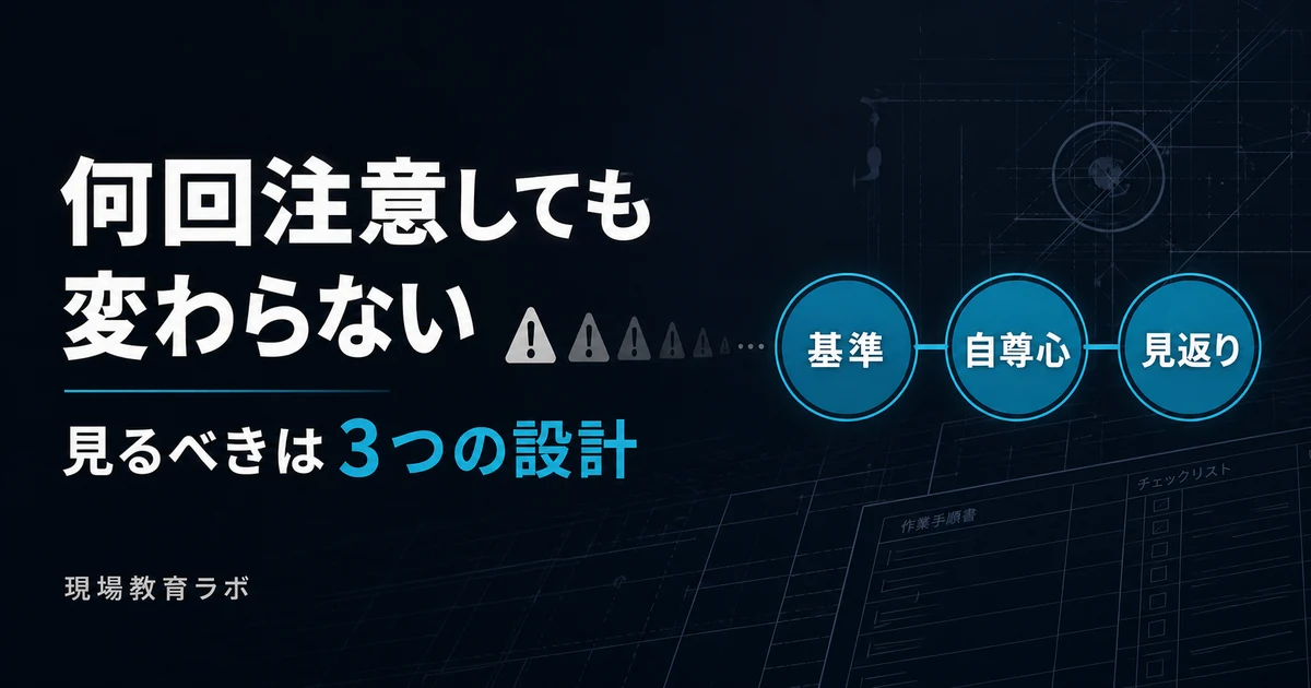 何回注意しても変わらない現場で見るべき基準・自尊心・見返りの3つの設計を示すアイキャッチ