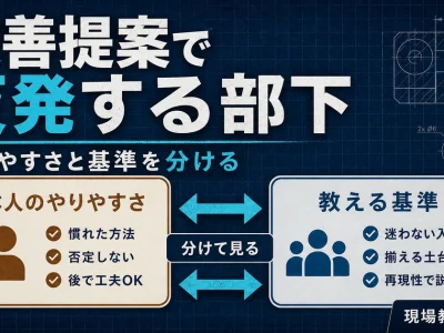 改善提案で反発する部下に、やりやすさと教える基準を分けて示す図