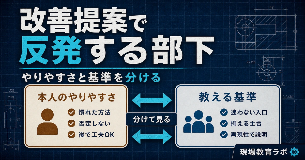 改善提案で反発する部下に、やりやすさと教える基準を分けて示す図