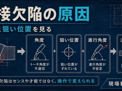 溶接欠陥の原因を角度・狙い位置・進行角度から見直す図解アイキャッチ