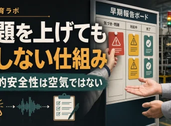 問題を上げても損しない仕組み。早期報告ボードに問題カードを貼る現場教育ラボのアイキャッチ。