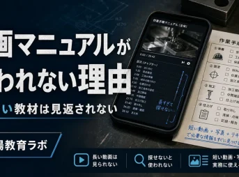 動画マニュアルが使われない理由を示すアイキャッチ。長い動画と作業手順チェックリスト。