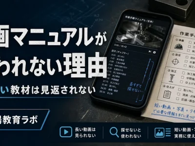 動画マニュアルが使われない理由を示すアイキャッチ。長い動画と作業手順チェックリスト。