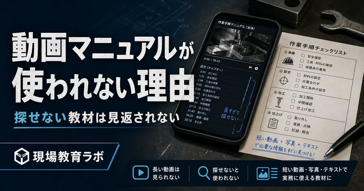 動画マニュアルが使われない理由を示すアイキャッチ。長い動画と作業手順チェックリスト。