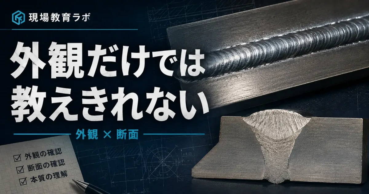 外観だけでは教えきれない 溶接の外観と断面を示す現場教育ラボのアイキャッチ