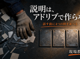 散らかった説明の断片を4枚の枠へ順番に整えるOJTアイキャッチ