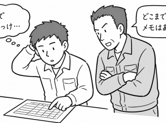 割り込み後、元の仕事をどこまで進めたか分からず手が止まる若手と、メモを確認する班長