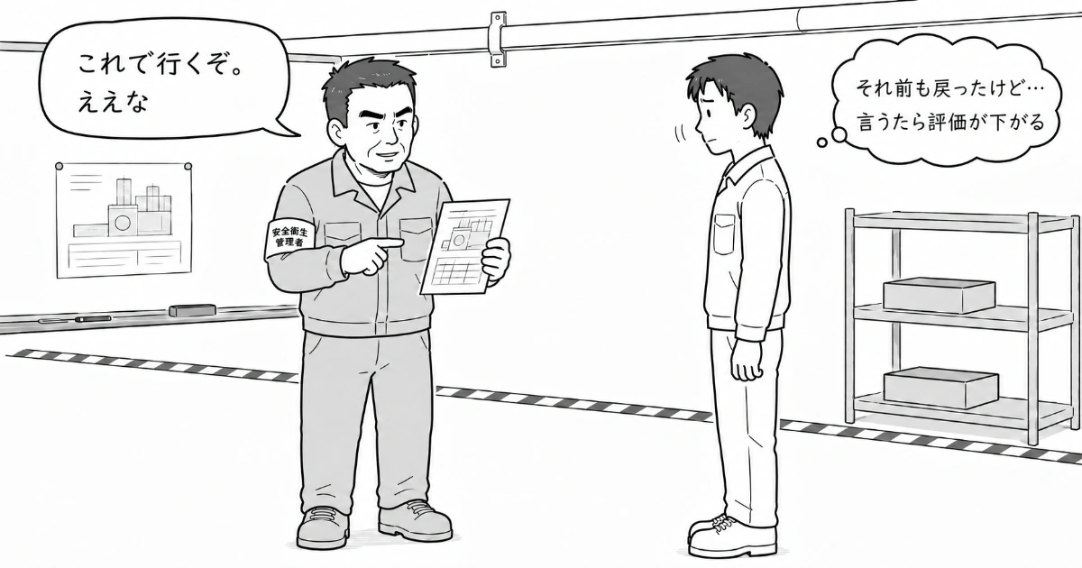 工場の工程打ち合わせ。安全衛生管理者の腕章をつけた班長が指示書を指して「これで行くぞ。ええな」と言い、中堅の作業者は黙ったまま「それ前も戻ったけど…言うたら評価が下がる」と考えている