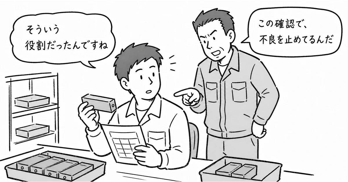 班長が若手へ、この確認で不良を止めていると仕事の意味を伝える