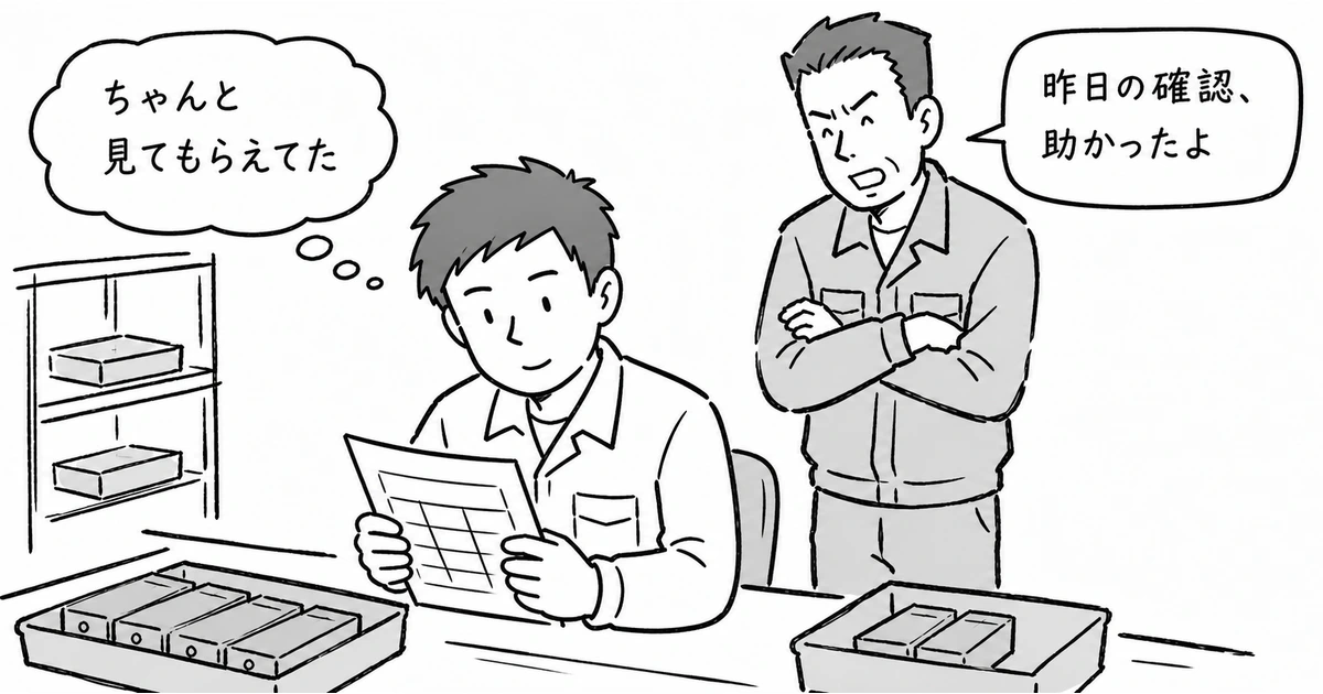 班長が若手へ昨日の確認が助かったと具体的に評価する
