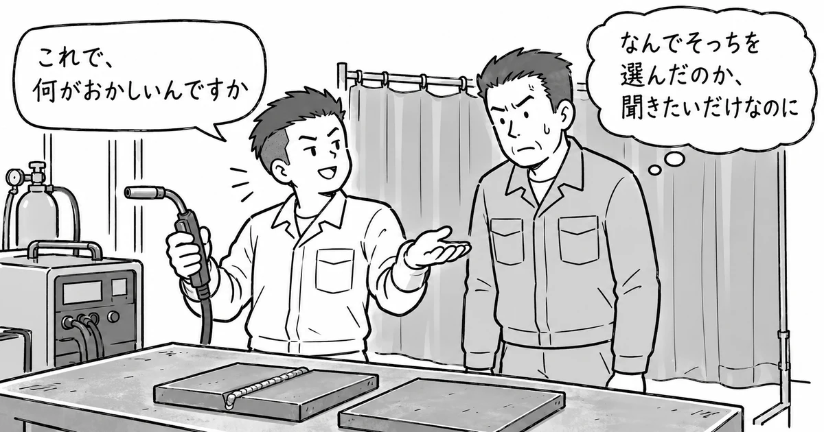 溶接ブースの前で、トーチを持った作業者が「これで、何がおかしいんですか」と言い、指導者が「なんでそっちを選んだのか、聞きたいだけなのに」と心の中で思っている