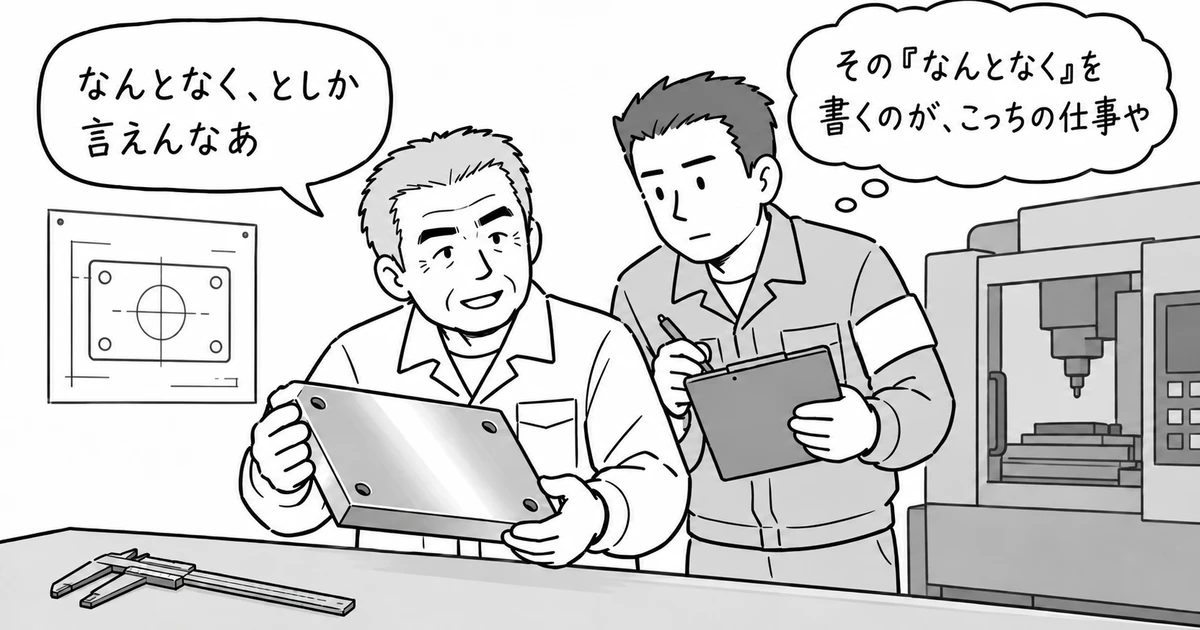 ベテランが加工した金属の板を傾けて面の光り方を見せながら「なんとなく、としか言えんなあ」と言い、指導者が斜め後ろからのぞき込んでクリップボードに書き取りながら「その『なんとなく』を書くのが、こっちの仕事や」と考えている