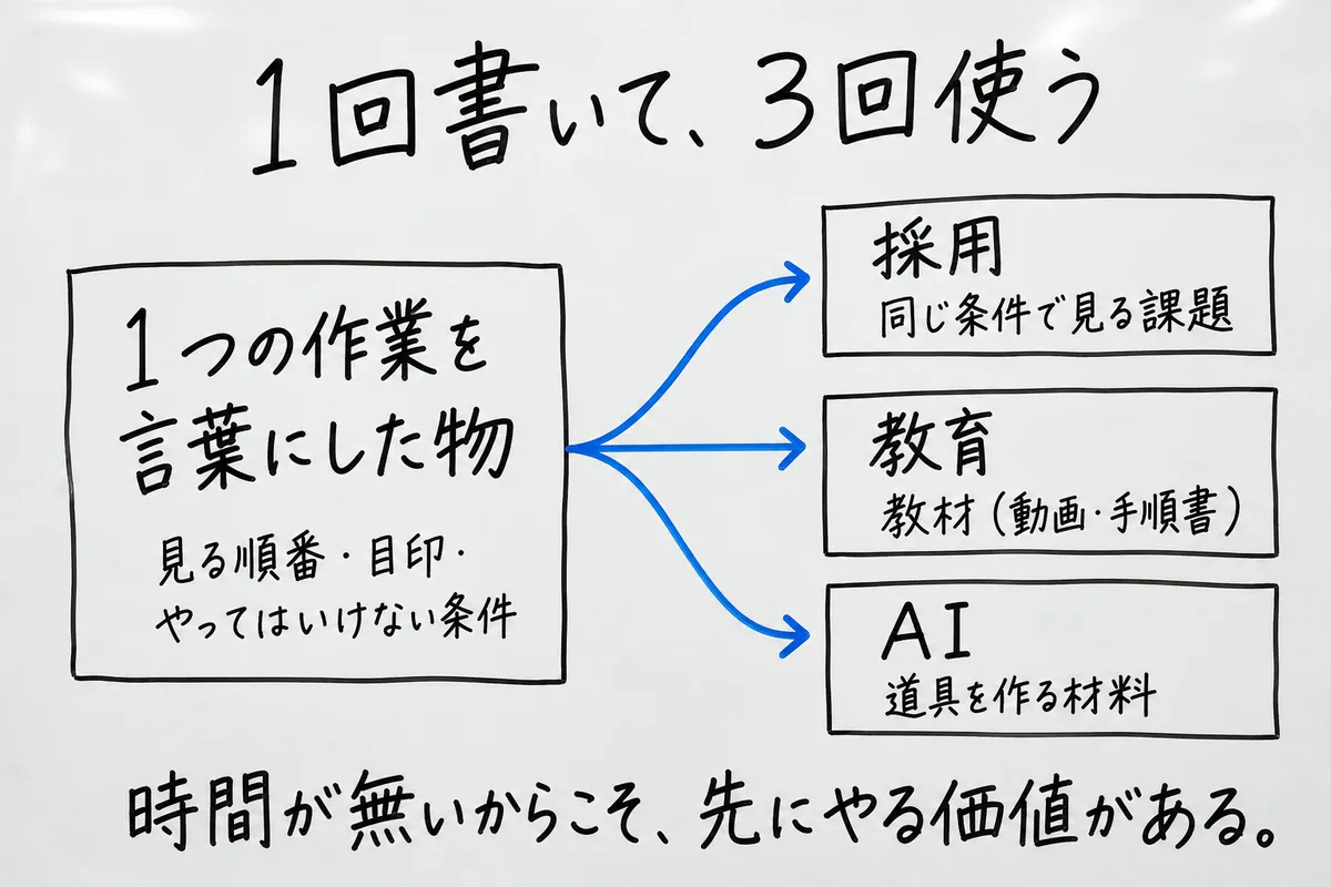 1つの作業を言葉にした物が、採用の課題・教育の教材・AIで作る道具の3方向に流れる。1回書いて3回使われる