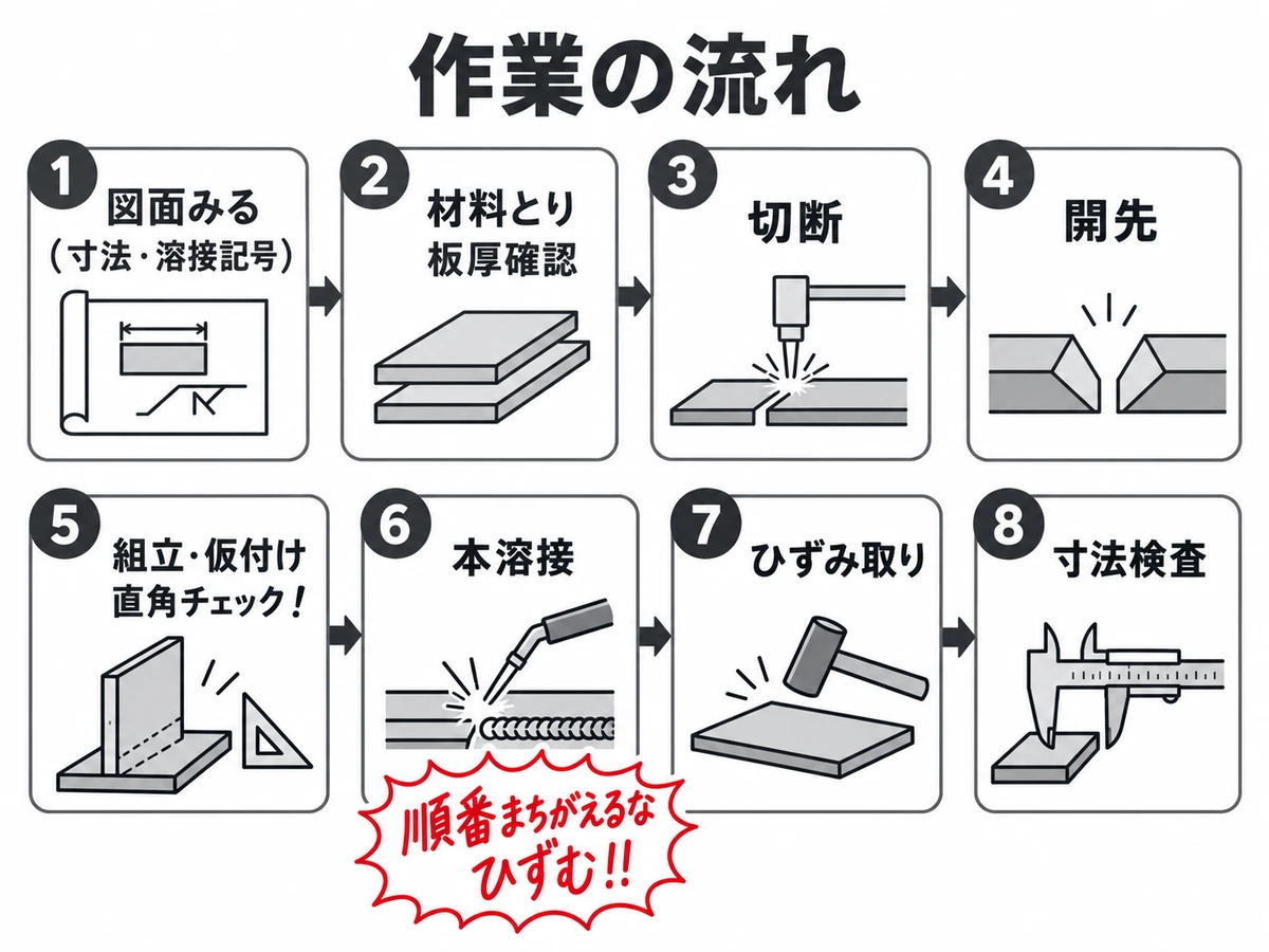 走り書きの写真をAIで描き直した、番号つきカードとアイコンの作業の流れの図