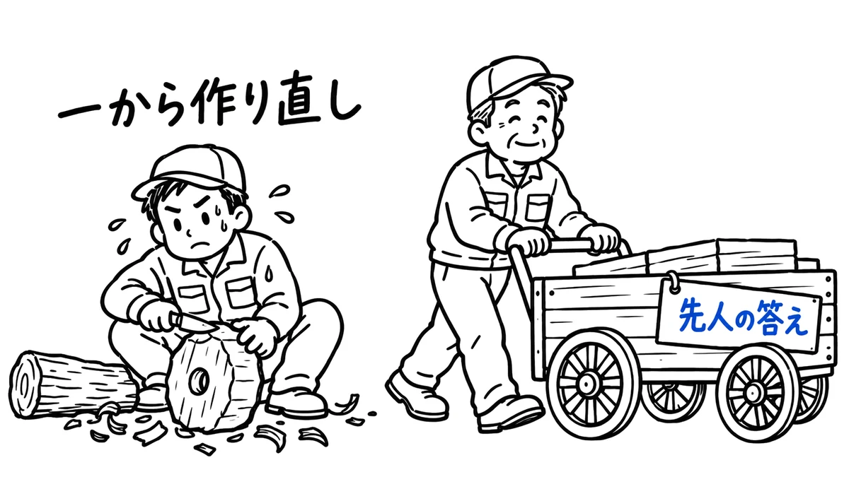 地面で一から車輪を削っている新人と、先人の作った車輪の台車で先へ進むベテラン