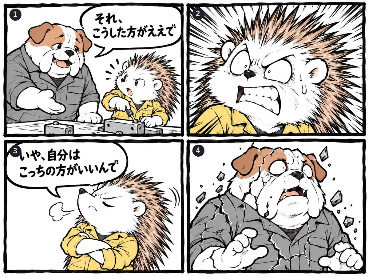 ブルさん「それ、こうした方がええで」→ツン太の顔がこわばり、とげが逆立つ→ツン太「いや、自分はこっちの方がいいんで」→ブルさんが石のように固まって割れる